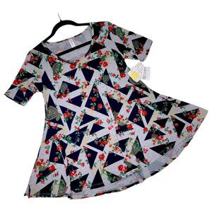 LuLaRoe Perfect T XXS Floral Paisley Navy Gray Red Green Swing Tunic Tee Top